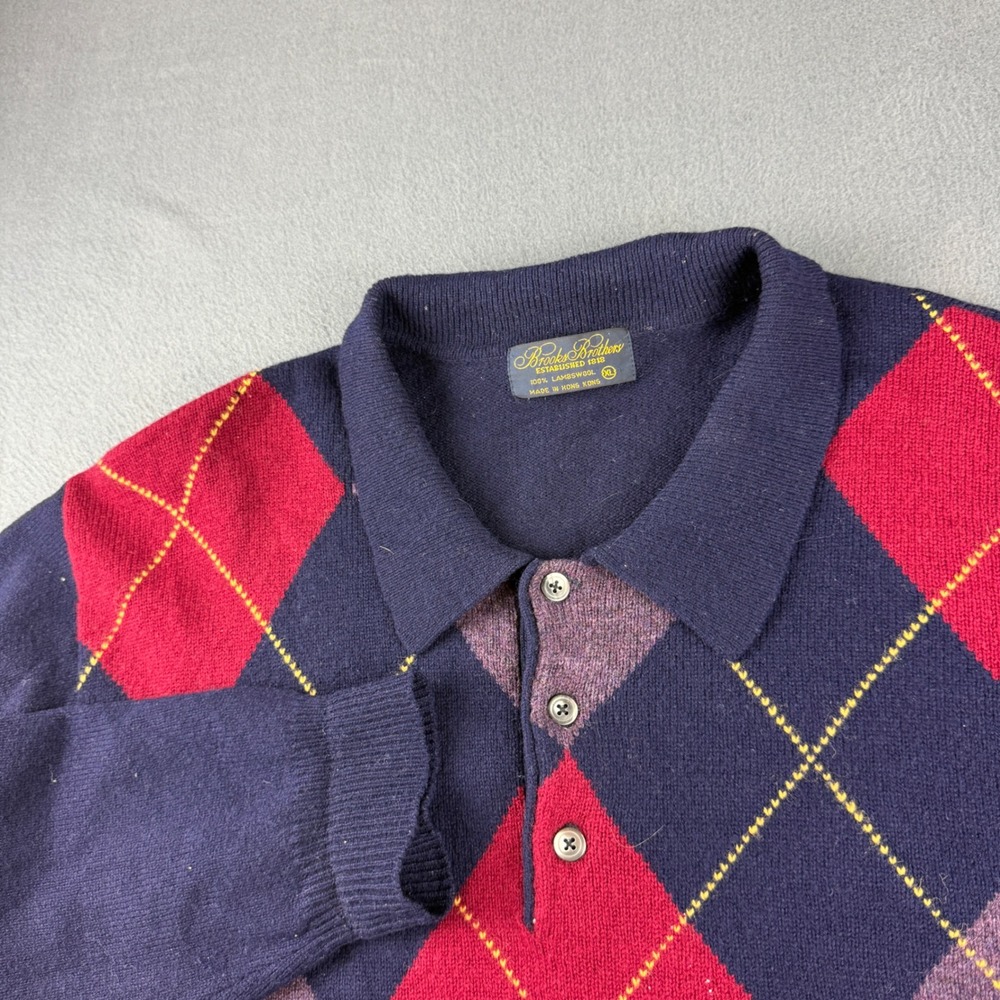 Vintage Brooks Brothers Sweater Men's XL Blue Argyle Grandpacore Collar Jumper